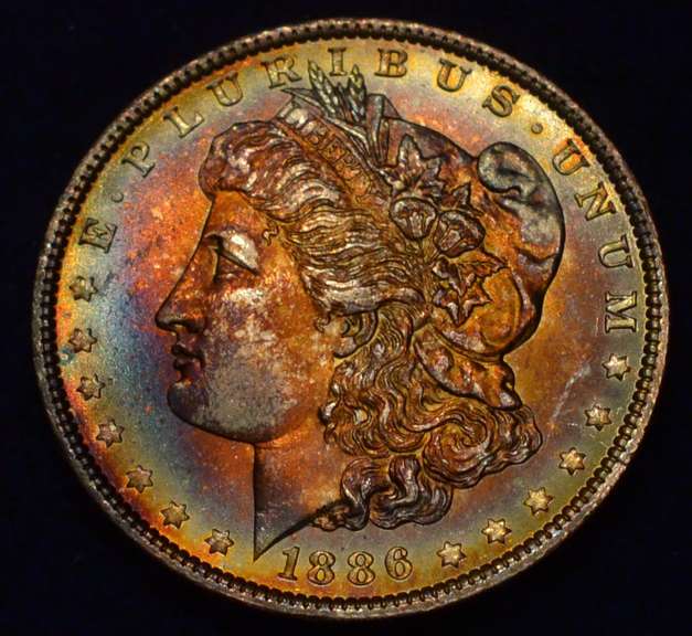 1886 Rainbow Toned Morgan Silver Dollar, BU.