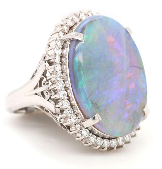 New 10.92ct Black Opal and 0.78ctw Diamond Frame Ring in Platinum