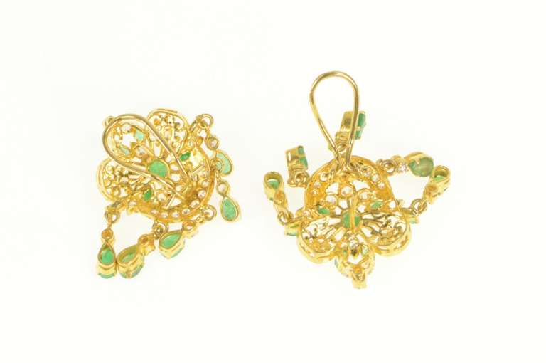 22K Yellow Gold Natural Emerald CZ Encrusted Fringe Statement Earrings