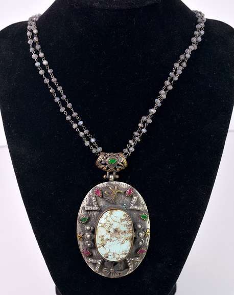 Lovely 41.29CTW Turquoise & 0.12CTW Diamond Pendant with Labradorite Necklace in Sterling Silver