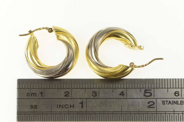 18K Yellow Gold Two Tone 20.0mm Twist Spiral Puffy Hoop Earrings