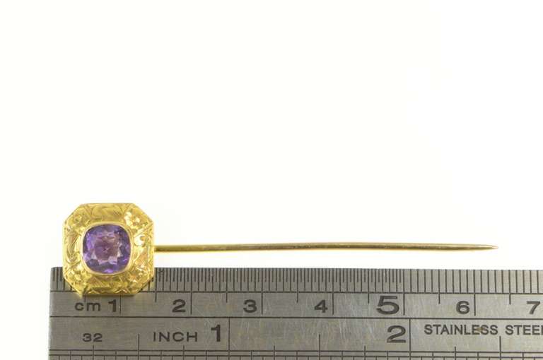 14K Yellow Gold Victorian Amethyst Elaborate Scroll Design Stick Pin