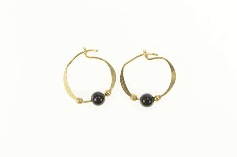 10K Yellow Gold Round Black Onyx Beaded Hoop Earrings
