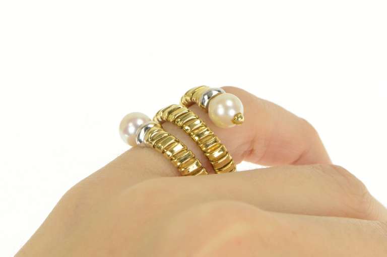 18K Yellow Gold 7.5mm Pearl Squared Spiral Coil Statement Ring