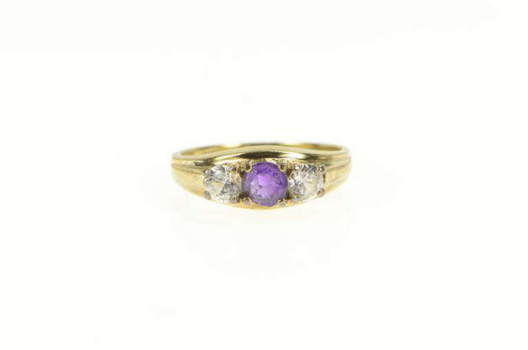 8K Yellow Gold Amethyst Cubic Zirconia Three Stone Vintage Ring