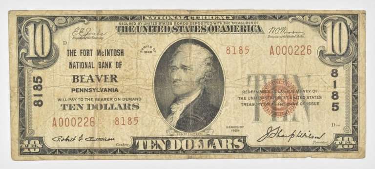 1929 $10 Beaver, PA United States National Currency - 8185