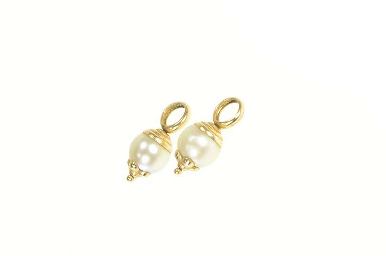 14K Yellow Gold Pearl Classic Dangle Hoop Charm Accent Earrings