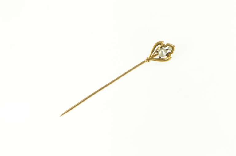 14K Yellow Gold Art Nouveau Ornate Seed Pearl Curvy Stick Pin