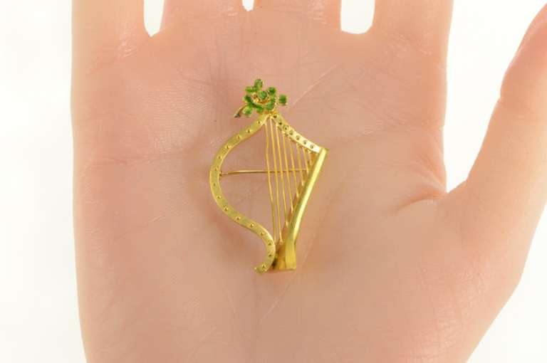 Gold Filled Green Enamel Floral Harp Musical Instrument Pin/Brooch