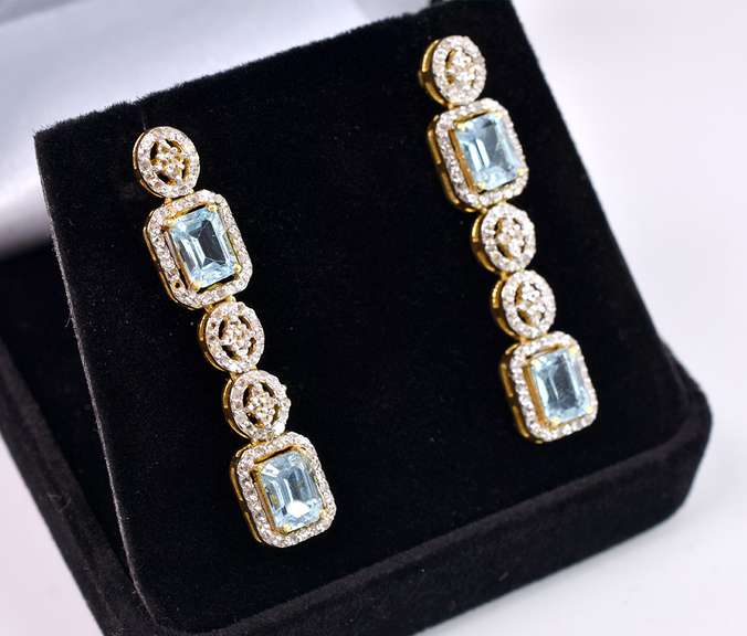Delightful 5.00CTW Sky Blue Topaz & 2.00CTW Diamond Dangle Earrings in Gold Plated Sterling Silver