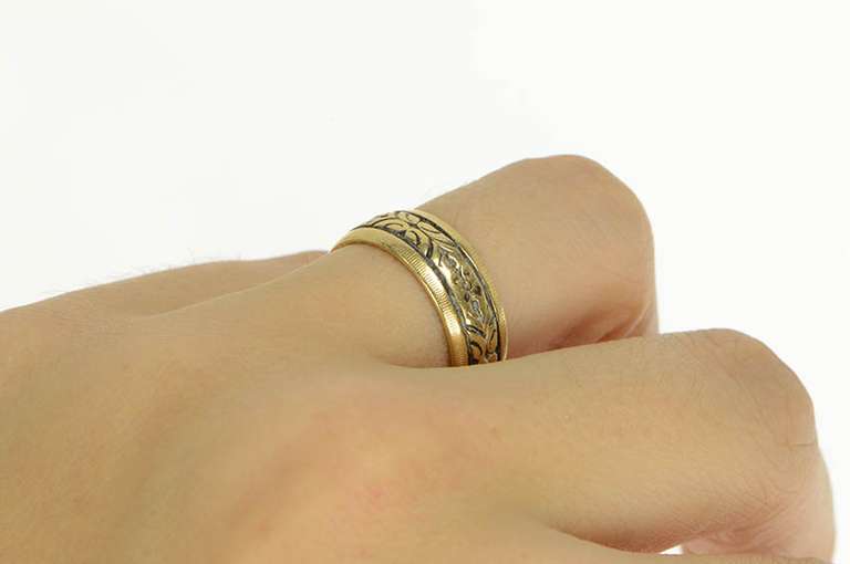 14K Yellow Gold 6.9mm Ornate Floral Pattern Wedding Band Ring