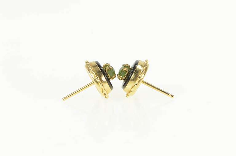 14K Yellow Gold Retro Black Onyx Nephrite Statement Stud Earrings