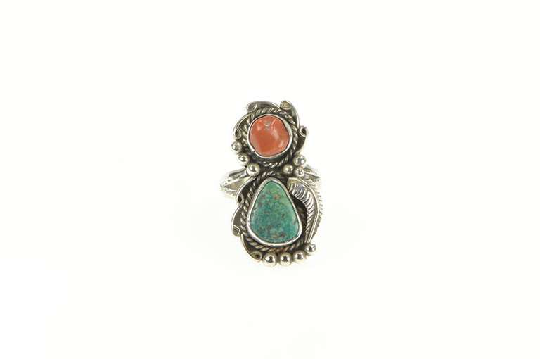 Sterling Silver Native American Coral Turquoise Ornate Ring