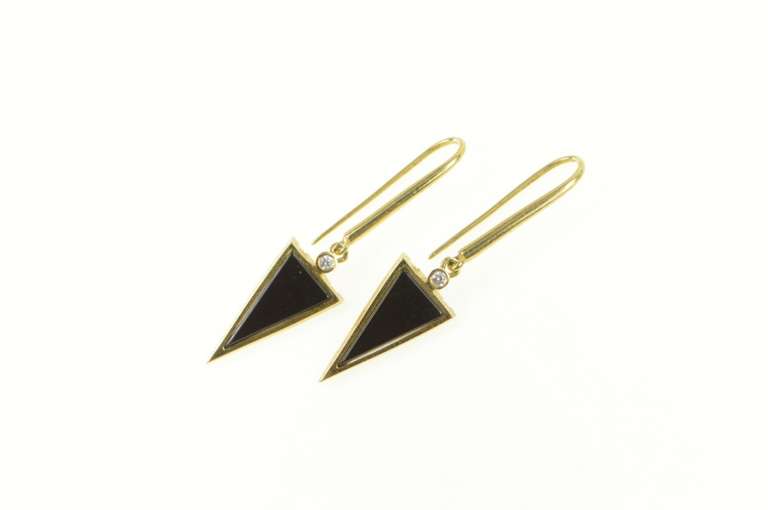14K Yellow Gold Triangle Black Onyx Diamond Accent Dangle Earrings