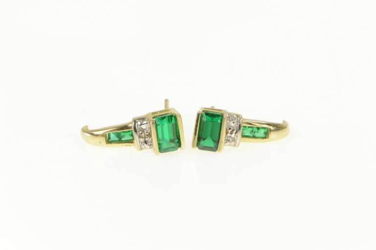 10K Yellow Gold Emerald Cut Syn. Emerald Diamond Accent Earrings