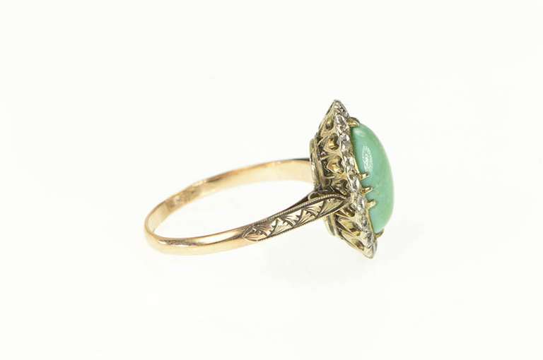 14K Yellow Gold Victorian Oval Turquoise White Sapphire Halo Ring