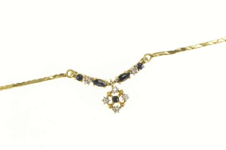 9K Yellow Gold Sapphire Diamond Round Cluster Square Chain Necklace
