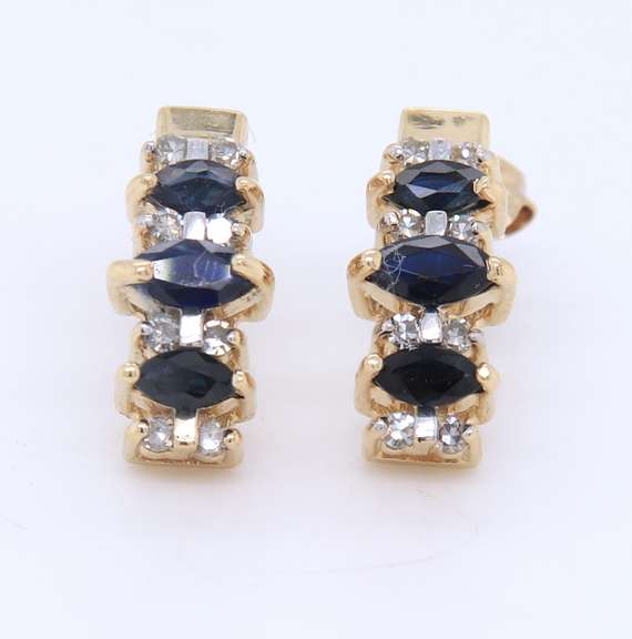 Handsome Yellow Gold Marquise Sapphire and Diamond Earrings