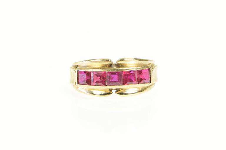 10K Yellow Gold 1950's Syn. Ruby Men's Ornate Statement Ring