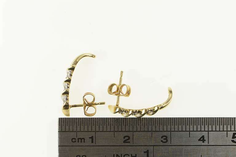 10K Yellow Gold Diamond Inset Wavy Design Semi Hoop Bar Earrings