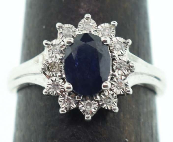14kt Solid White Gold, Blue Sapphire, & Diamond Ring