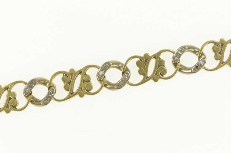 14K Yellow Gold Two Tone Diamond Scroll Filigree Chain Link Bracelet