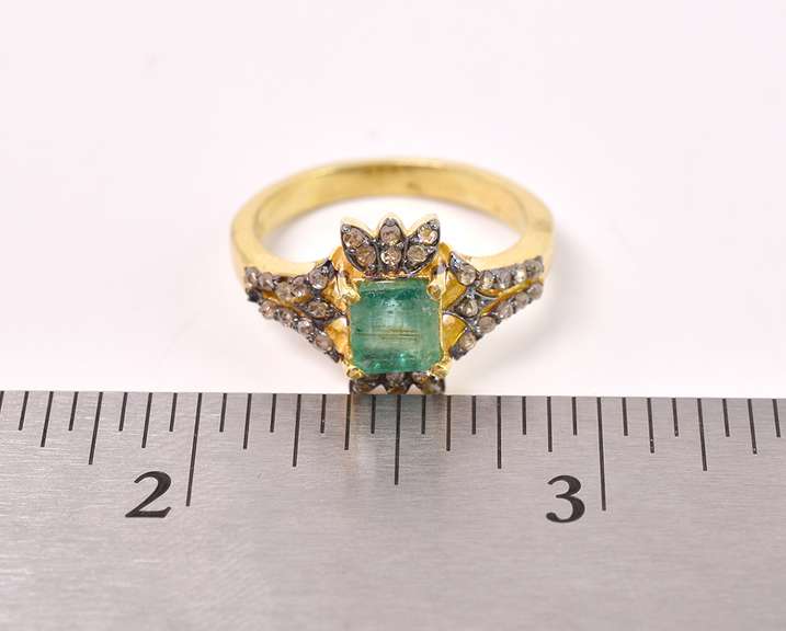 Precious 1.30CTS Emerald & 0.26CTW Diamond Ring in Gold Plated Sterling Silver