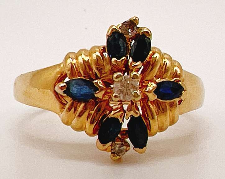 14kt Solid Yellow Gold, Blue Sapphire, & Diamond Ring