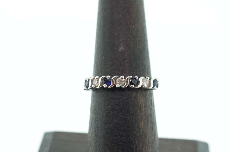 14kt Solid White Gold, Blue Sapphire, and Diamond Band Ring