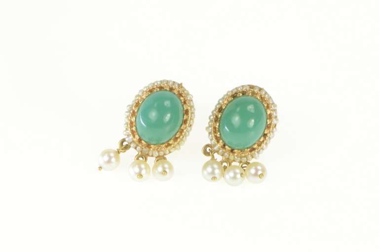 14K Yellow Gold Victorian Turquoise Seed Pearl Screw On Earrings