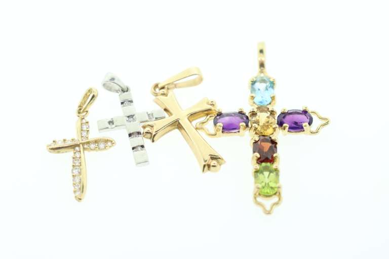 Group Set of Topaz, Citrine, Amethyst, and Garnet Cross Pendant with 14k Gold Miniatures and Diamonds