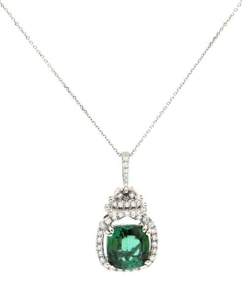 Incredible White Gold Green Tourmaline and Diamond Pendant on Chain