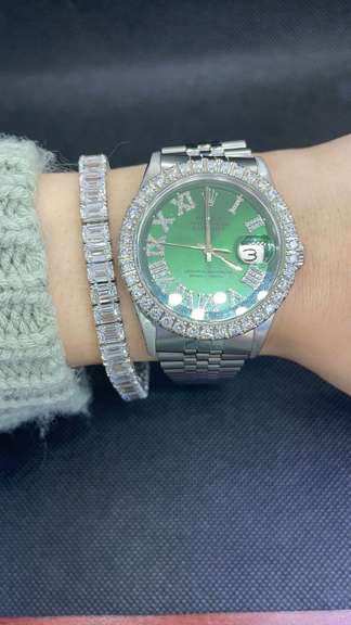 36MM CUSTOM ROLEX OYSTER PERPETUAL DATE-JUST GREEN ROMAN DIAL WITH DIAMOND BEZEL STAINLESS STEEL JUBILEE-BAND