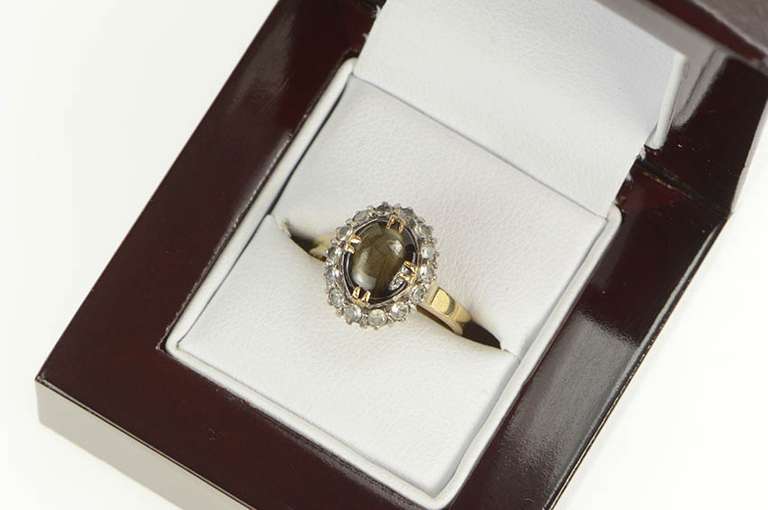 14K Yellow Gold Victorian Black Star Sapphire Sim. Diamond Ring