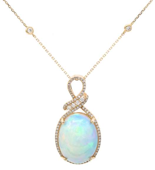 New 12.57ct Ethiopian Opal and 0.46ctw Diamond Frame Pendant Necklace in 14K