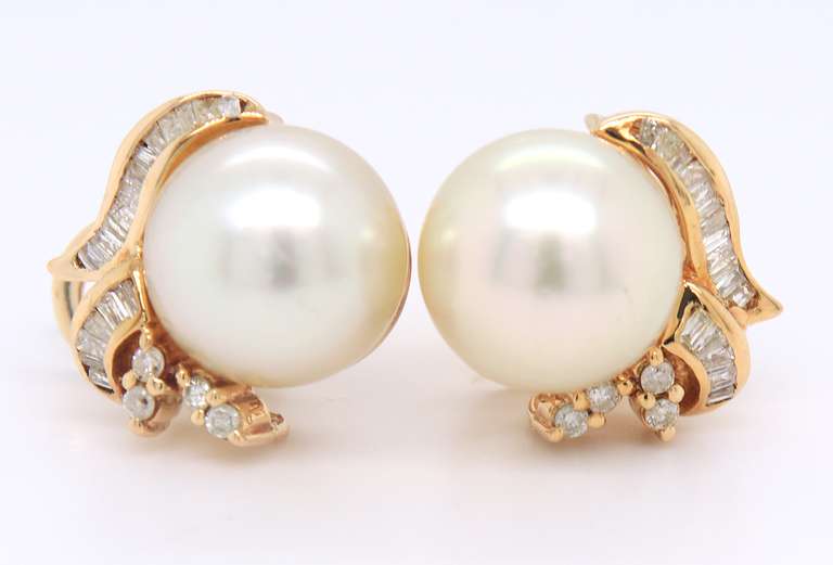 Incredible Yellow Gold South Sea Pearl and Diamond Earrings