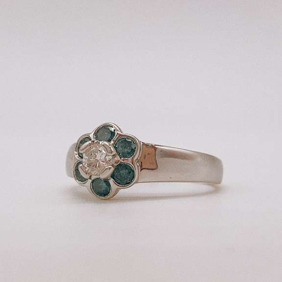 14kt Solid White Gold, Blue & White Diamond Ring