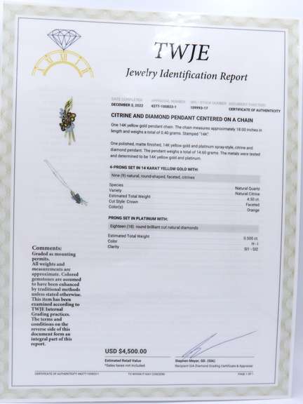 Majestic Yellow Gold Vintage Citrine and Diamond Pendant on Chain