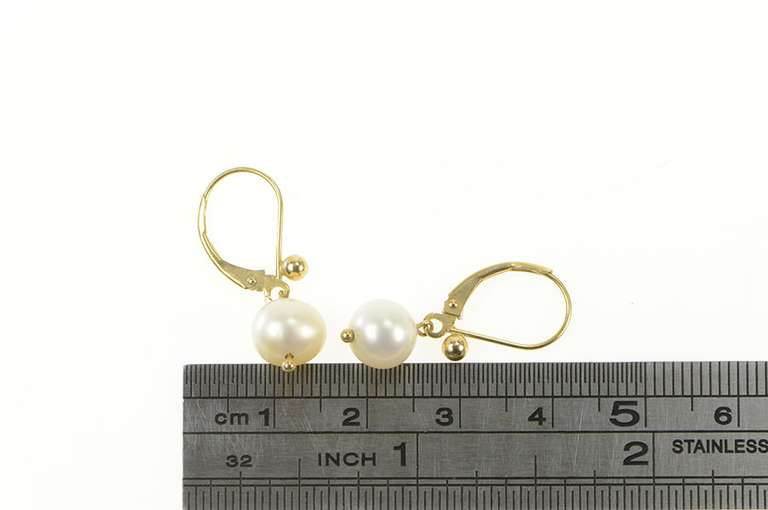 14K Yellow Gold Pearl Inset Classic Dangle Lever Back Earrings