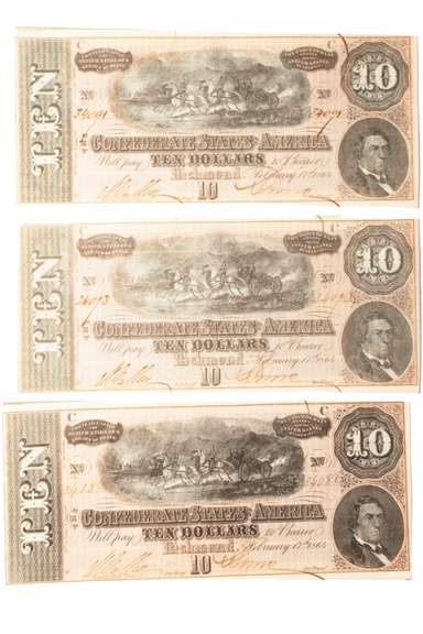 3 Consecutive $10 CH CU CSA Feb 17 1864 C Series Notes