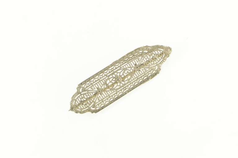 10K White Gold Art Deco Elaborate Filigree Floral Bar Pin/Brooch