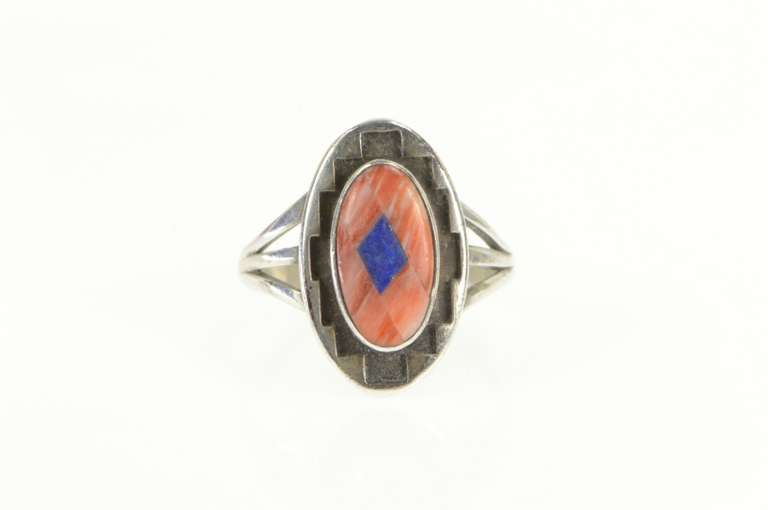 Sterling Silver Teme Coral Lapis Southwestern Geometric Ring