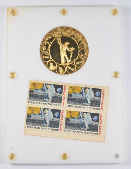 Apollo 11 1st Landing On Moon Silver Gilt Medal & Stamps Signed COA