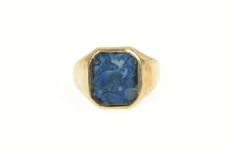 14K Yellow Gold 1960's Squared Blue Agate Statement Ring