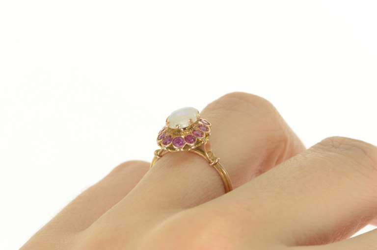 14K Yellow Gold 1.35 Ctw Victorian Natural Opal Ruby Halo Ring