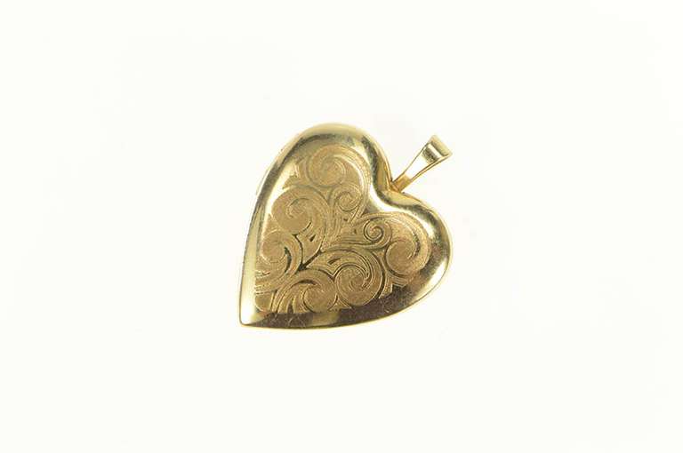 14K Yellow Gold Scroll Engraved Heart Photo Picture Locket Pendant