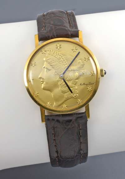 Stately Mathey Tissot Liberty Coin Men's 18K G Watch