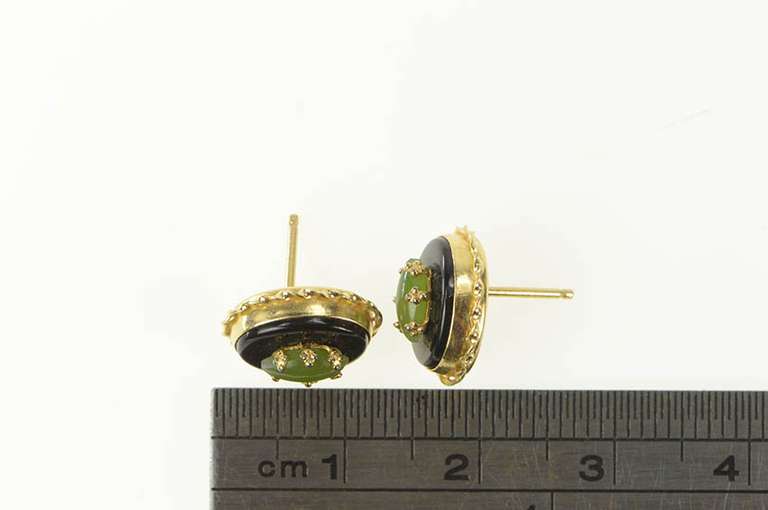 14K Yellow Gold Retro Black Onyx Nephrite Statement Stud Earrings