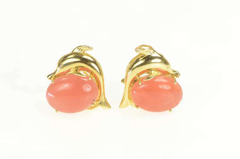 14K Yellow Gold Sunstone Cabochon Ornate Dolphin French Clip Earrings