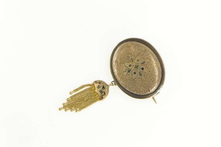 Gold Filled Victorian Etched Floral Oval Fringe Mourning Pin/Brooch
